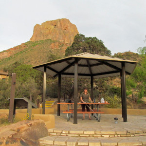 Cooking dinner at a covered picnic table by Chisos Mountains Lodge