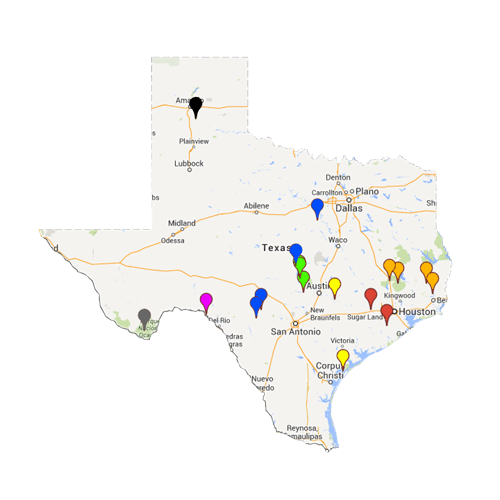 Red parks are accessible in under an hours' drive from Houston. Orange parks take under two hours to reach. Yellow parks are within three hours' drive.  Green are within four, blue are within five, purple are within six. Grey parks are within nine hours, and black are within ten. And then you gotta drive home!