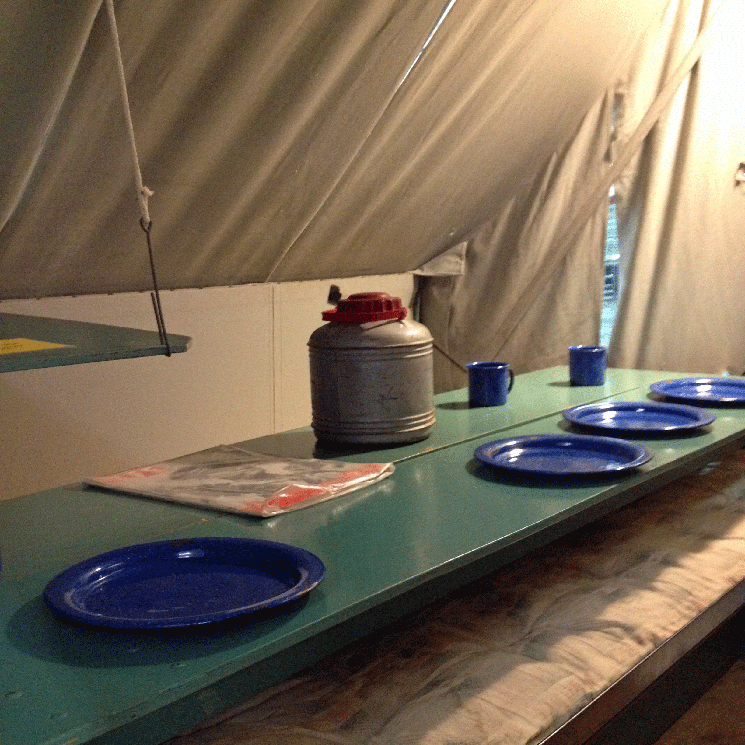 1937 Kozy Kamp Pop Up trailer all decked out for an indoor picnic