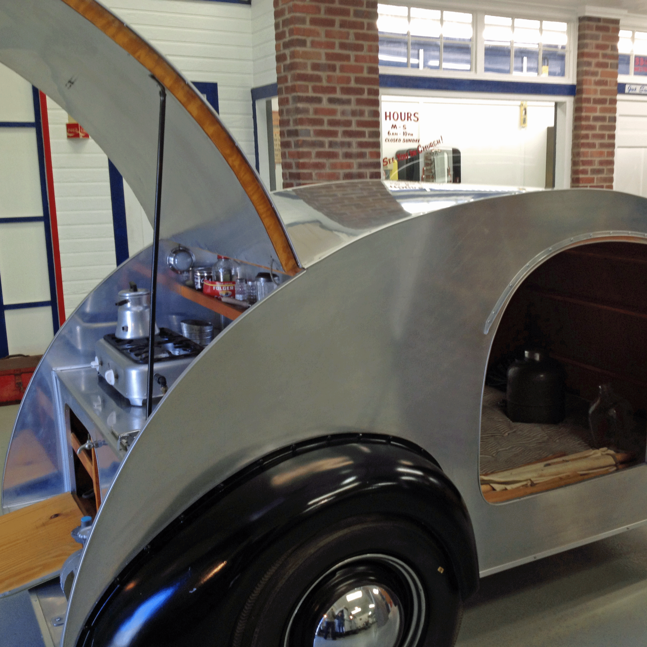 Sleeping inside and cooking in the back is the designated arrangement for this beautiful 1946 tear drop Kit trailer