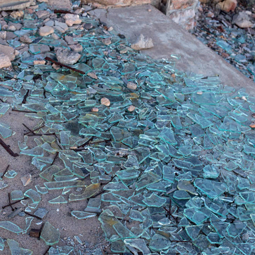 Broken glass from 1930s gas station