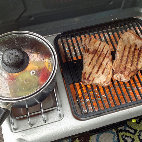 Steak and veggies cooking in the rain